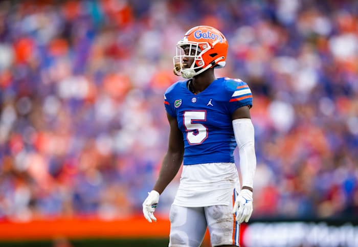 Sep 18, 2021; Gainesville, Florida, USA; Florida Gators safety Kaiir Elam (5) against the Alabama Crimson Tide at Ben Hill Griffin Stadium. Mandatory Credit: Mark J. Rebilas-USA TODAY Sports